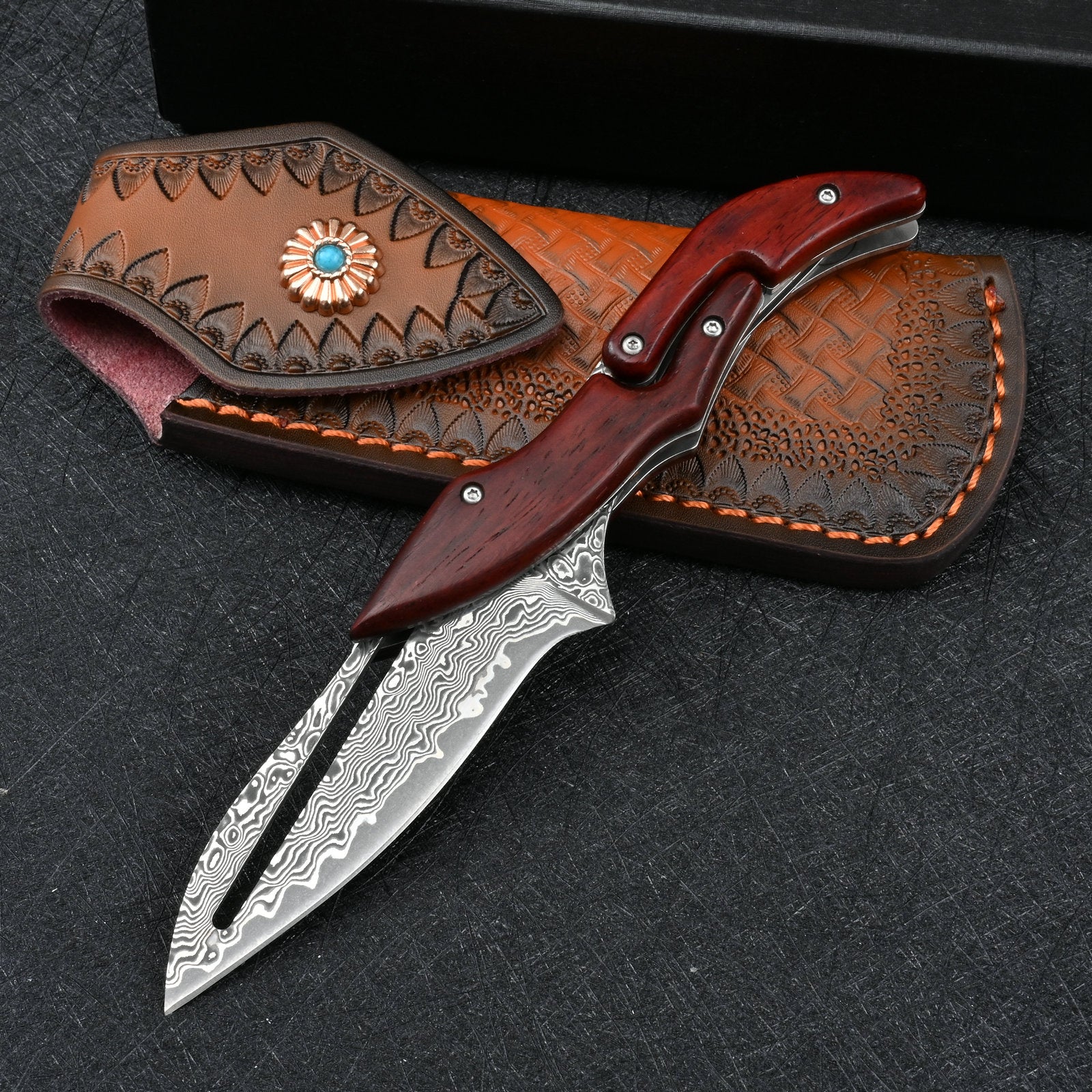 Damascus Steel Outdoor Folding Knife with Leather Sheath Main image