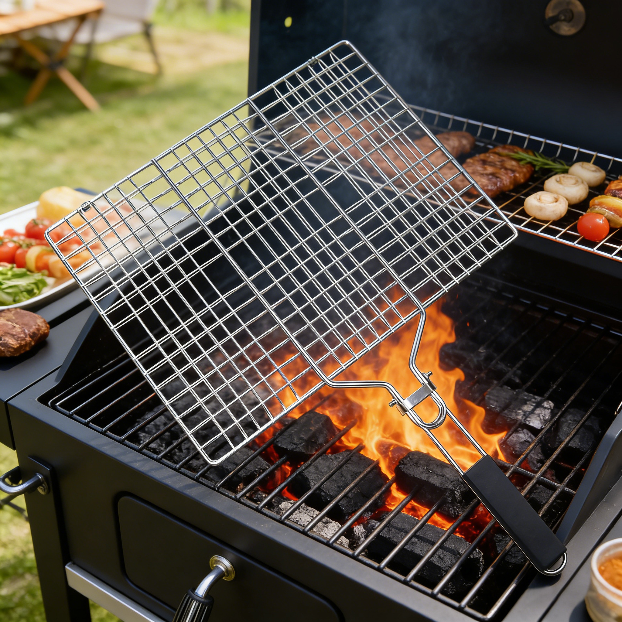 Portable Stainless Steel BBQ Grill Net, Heat-Resistant Handle Main image