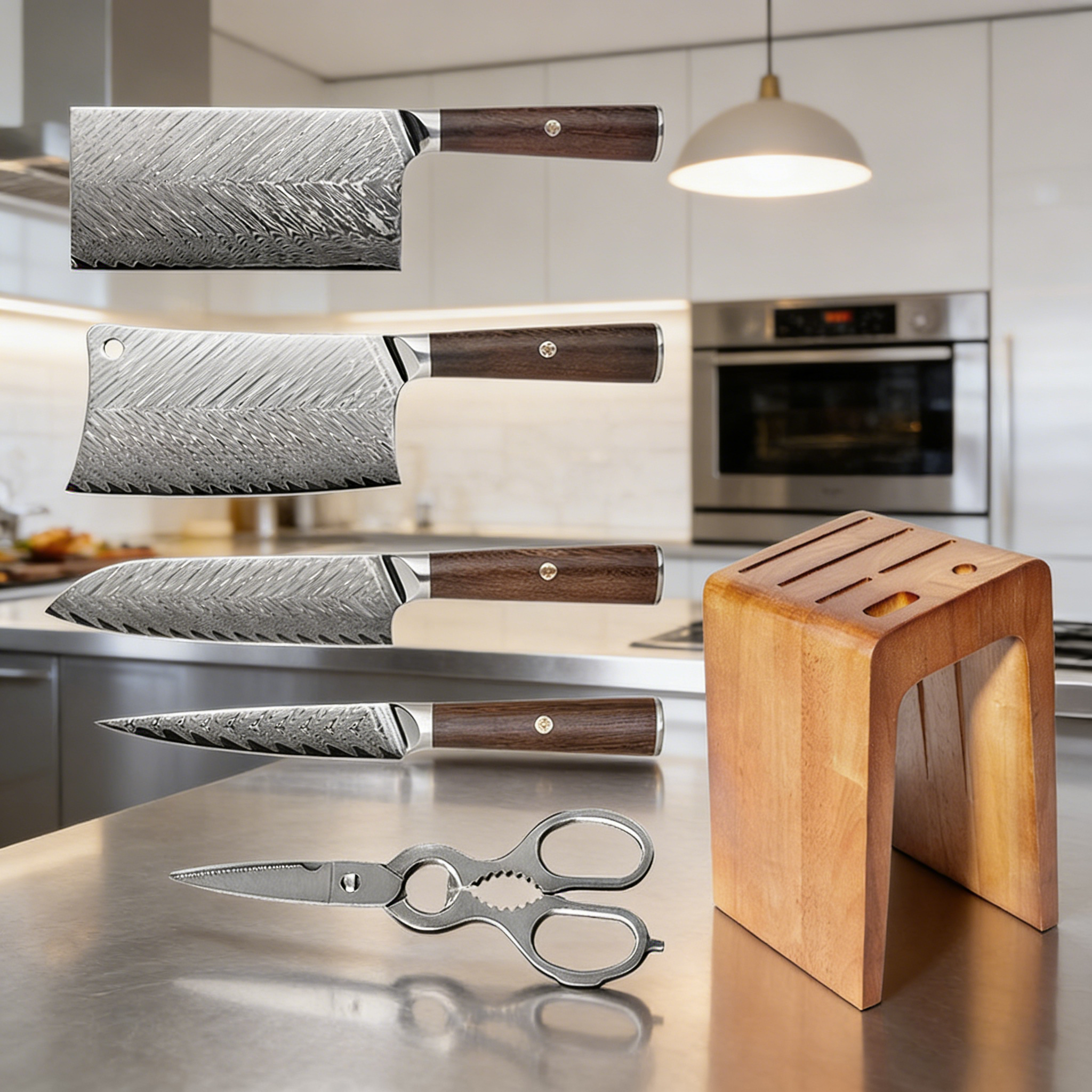 67-Layer Damascus Steel 5-Piece Wooden Handle Kitchen Knife Gift Set (with Storage Base) Main image