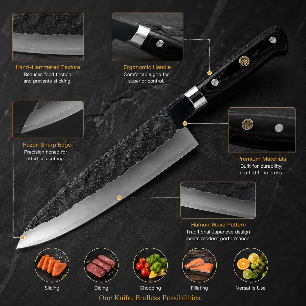 8 Inch VG10 Core Three-Ply Forged Chef Knife, Hand Hammered Blade, Stabilized Black Color Wood Handle, Professional Multipurpose Kitchen Cooking Knife Secondary image