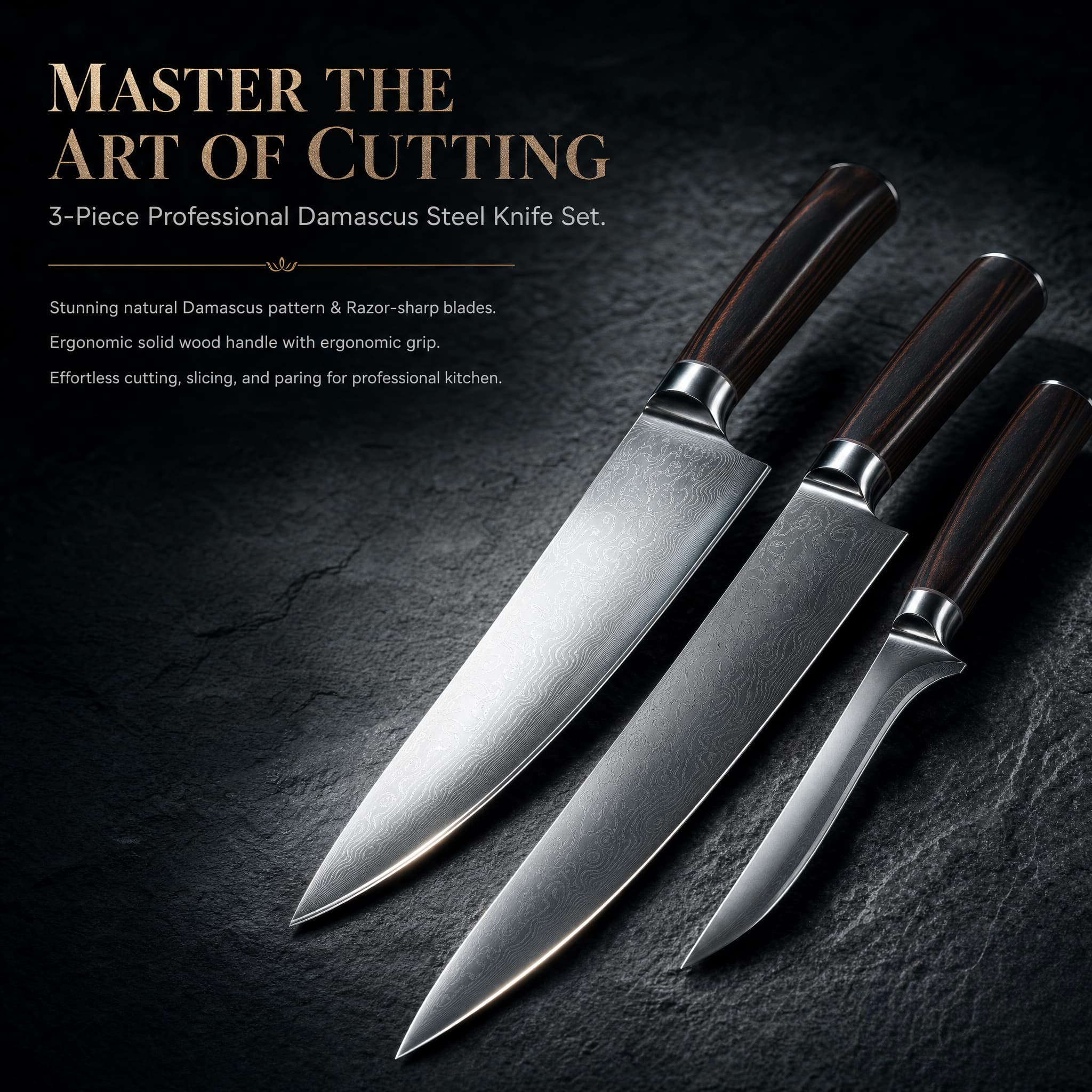 Hand Forged Damascus Steel 3 Pieces Culinary Knife Set – Luxury Kitchen Essential Secondary image