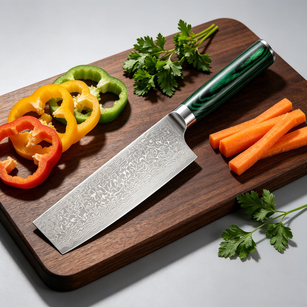 7 Inch Nakiri Knife - 67-Layer Damascus Steel Japanese Vegetable Chef Knife, Ultra-Sharp VG10 Core Blade with Ergonomic Deep Green Stabilized Wood Handle, Professional Kitchen Knife for Slicing, Dicing & Chopping Vegetables