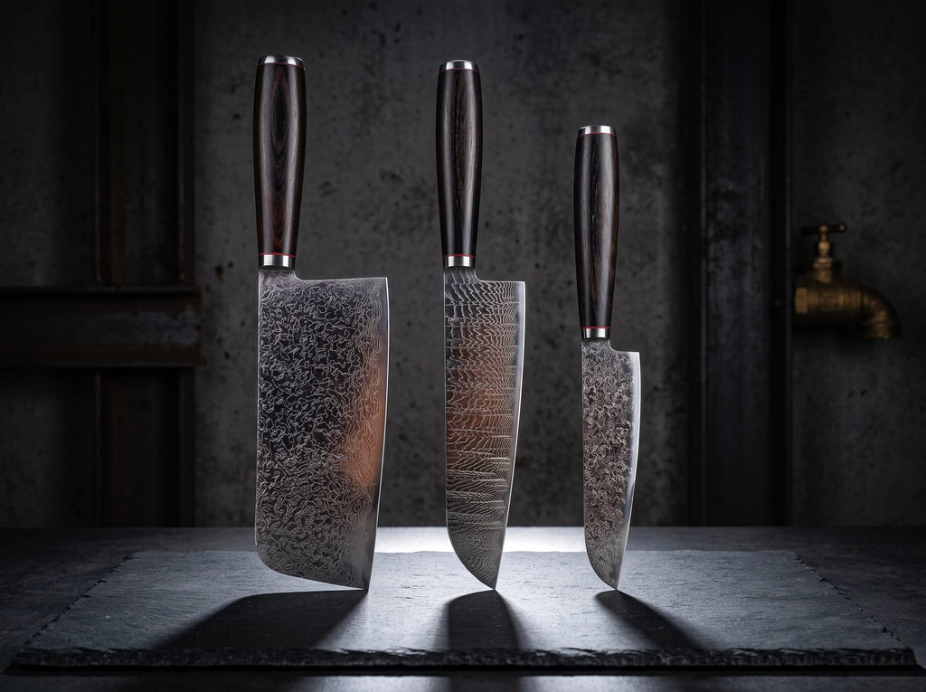 3 Pieces 67-Layer 9Cr18 Damascus Kitchen Knife Set, Ebony Wood Handle, Paring/Santoku/Slicer Premium Chef Knives
