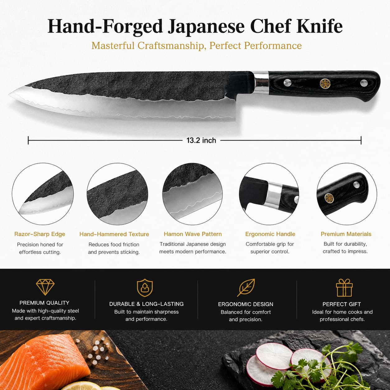 8 Inch VG10 Core Three-Ply Forged Chef Knife, Hand Hammered Blade, Stabilized Black Color Wood Handle, Professional Multipurpose Kitchen Cooking Knife Main image