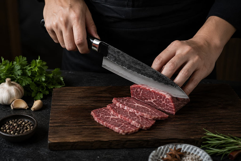 8 Inch VG10 Core Three-Ply Forged Chef Knife, Hand Hammered Blade, Stabilized Black Color Wood Handle, Professional Multipurpose Kitchen Cooking Knife