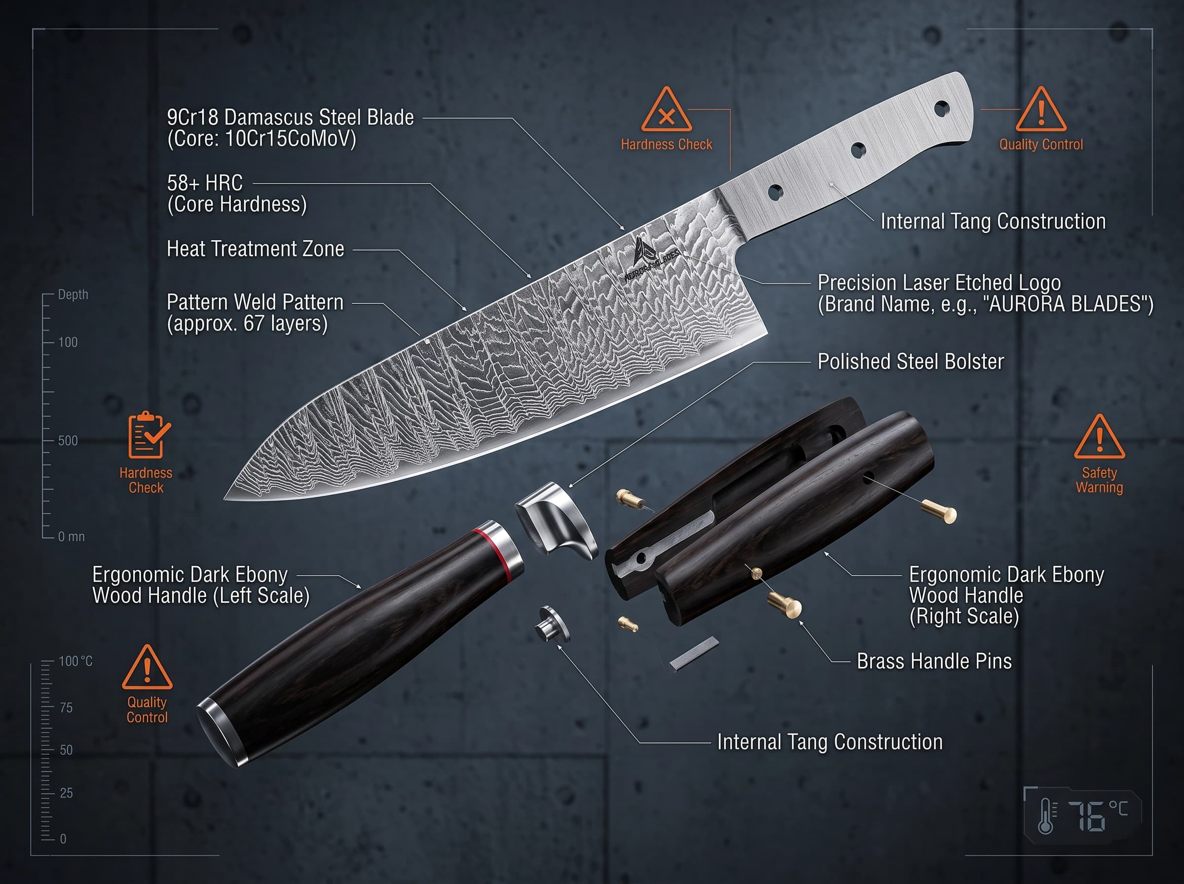 3 Pieces 67-Layer 9Cr18 Damascus Kitchen Knife Set, Ebony Wood Handle, Paring/Santoku/Slicer Premium Chef Knives