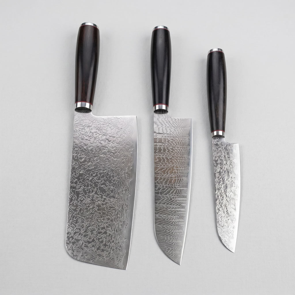 3 Pieces 67-Layer 9Cr18 Damascus Kitchen Knife Set, Ebony Wood Handle, Paring/Santoku/Slicer Premium Chef Knives