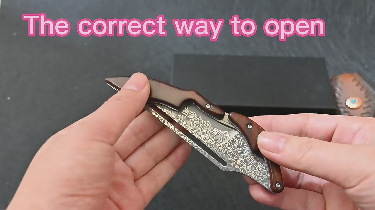 Damascus Steel Outdoor Folding Knife with Leather Sheath