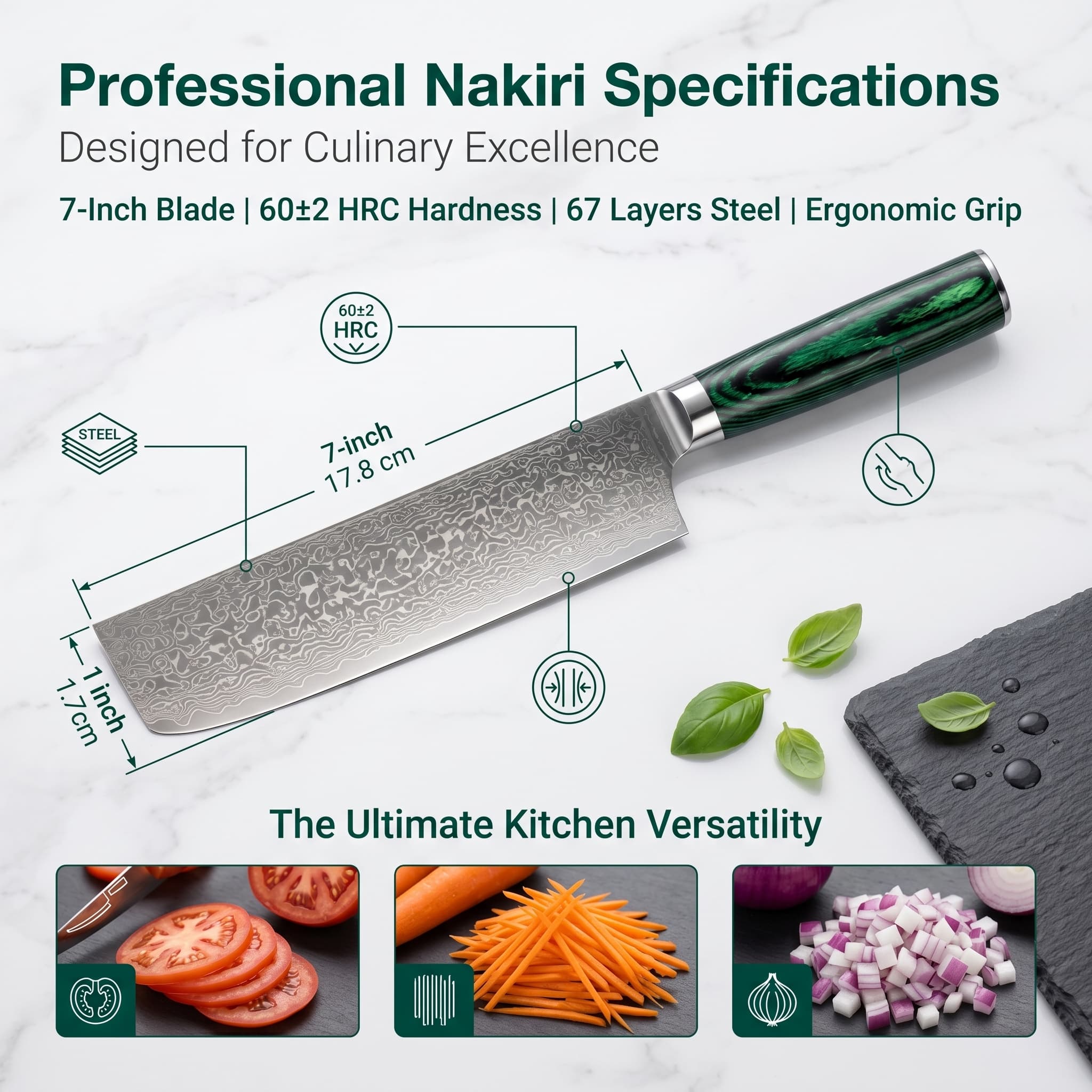 7 Inch Nakiri Knife - 67-Layer Damascus Steel Japanese Vegetable Chef Knife, Ultra-Sharp VG10 Core Blade with Ergonomic Deep Green Stabilized Wood Handle, Professional Kitchen Knife for Slicing, Dicing & Chopping Vegetables Secondary image
