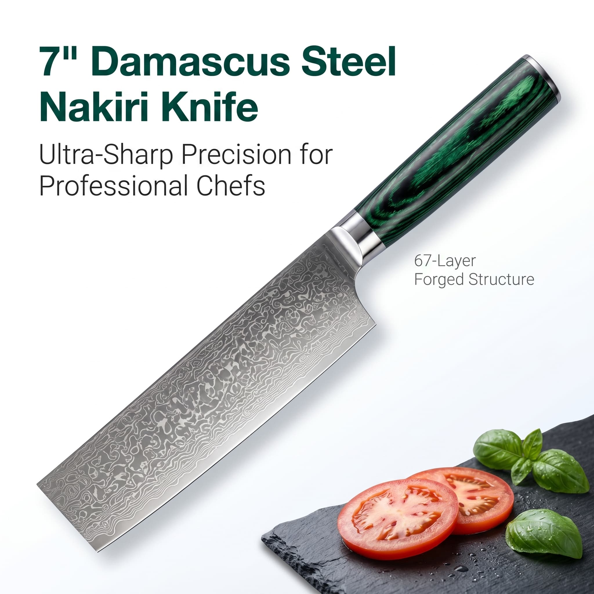 7 Inch Nakiri Knife - 67-Layer Damascus Steel Japanese Vegetable Chef Knife, Ultra-Sharp VG10 Core Blade with Ergonomic Deep Green Stabilized Wood Handle, Professional Kitchen Knife for Slicing, Dicing & Chopping Vegetables